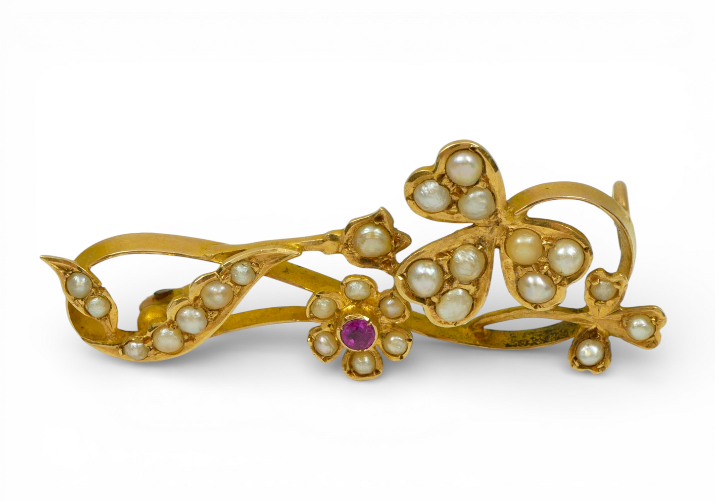 Antique Edwardian 1910 Solid 15ct Yellow Gold Pink Ruby & Seed Pearl Brooch Pin
