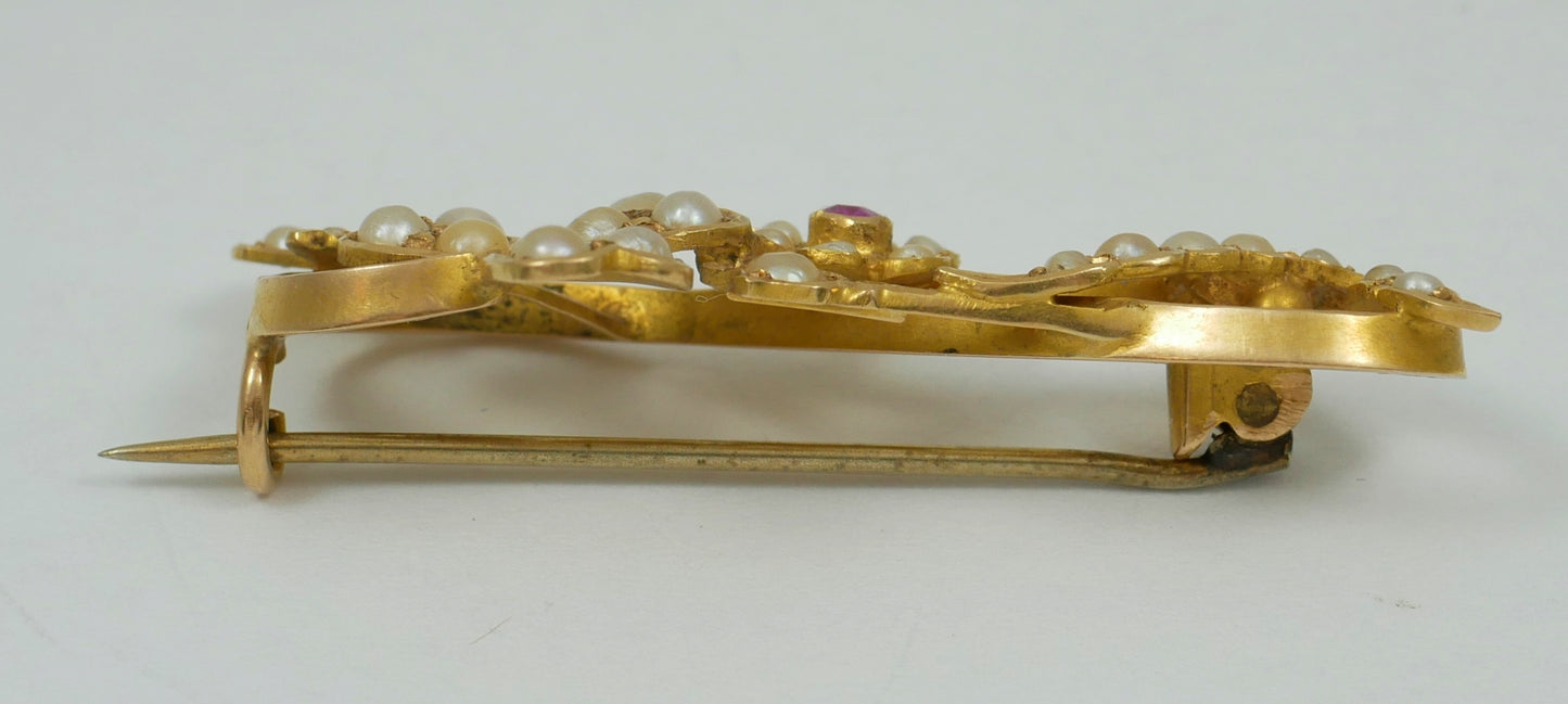 Antique Edwardian 1910 Solid 15ct Yellow Gold Pink Ruby & Seed Pearl Brooch Pin
