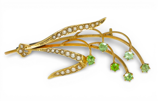 Antique Edwardian 1915 Solid 15ct Yellow Gold Lily Flower Seed Pearl Brooch Pin