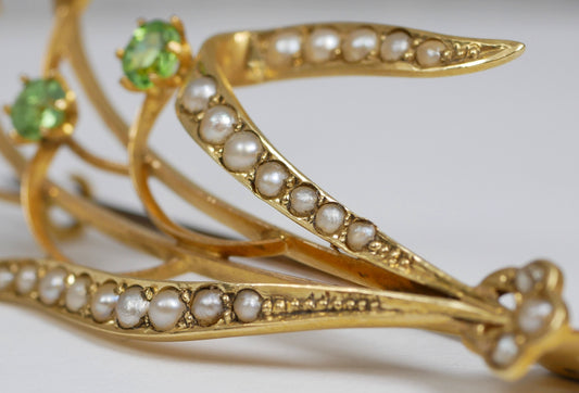 Antique Edwardian 1915 Solid 15ct Yellow Gold Lily Flower Seed Pearl Brooch Pin