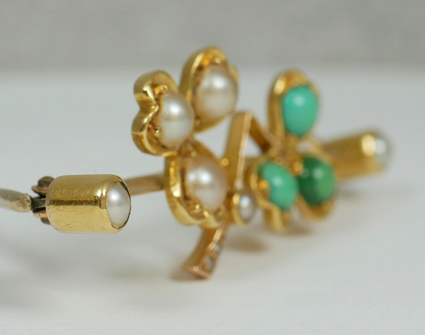 Antique Victorian Boxed 18ct Yellow Gold Turquoise Diamond Pearl Shamrock Brooch