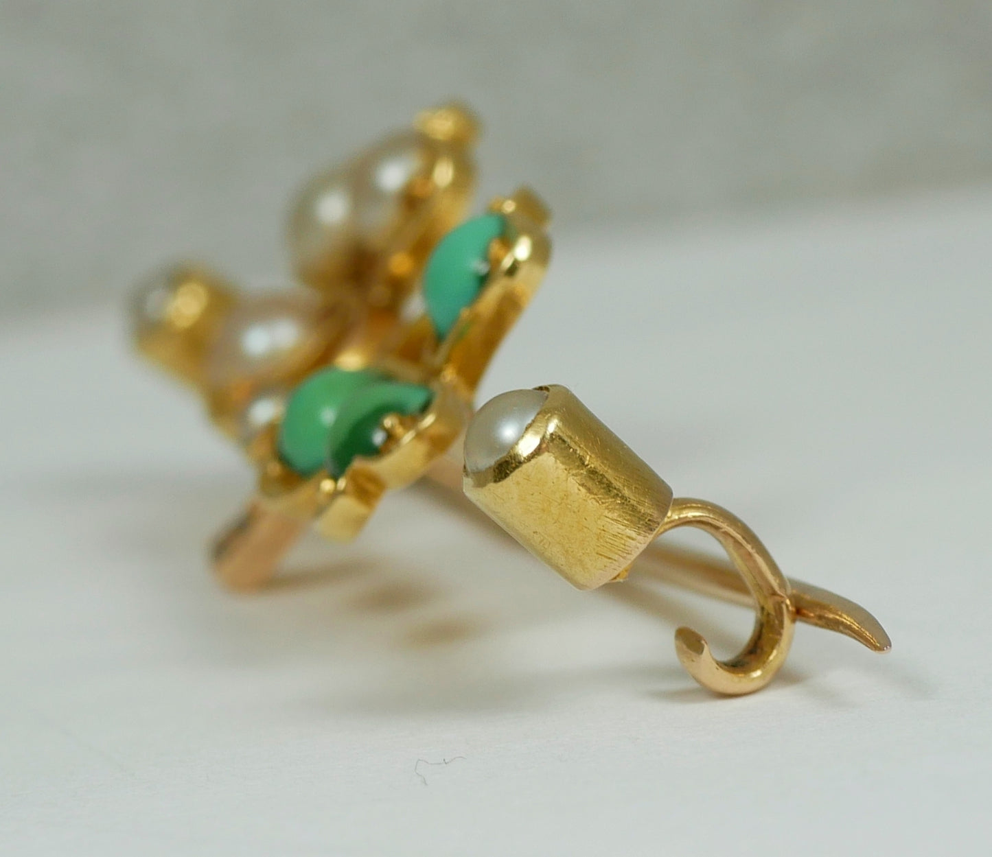 Antique Victorian Boxed 18ct Yellow Gold Turquoise Diamond Pearl Shamrock Brooch