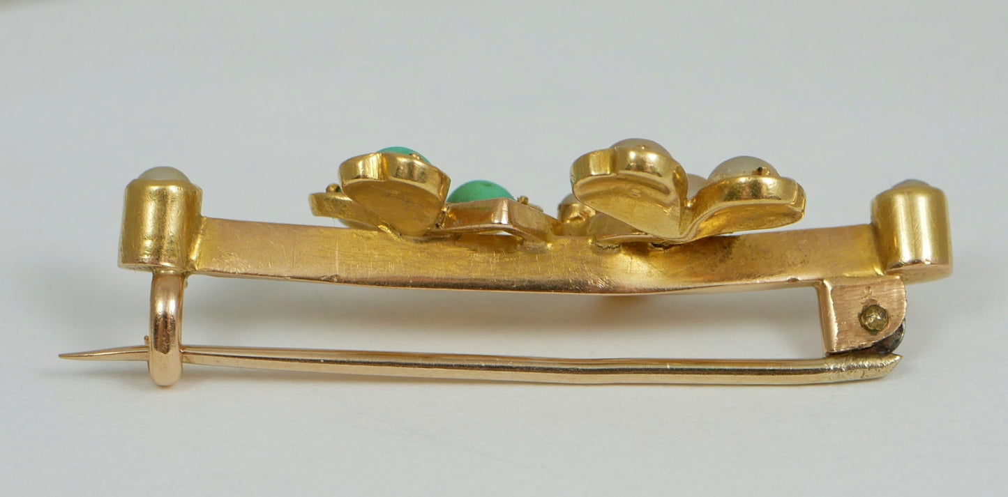 Antique Victorian Boxed 18ct Yellow Gold Turquoise Diamond Pearl Shamrock Brooch