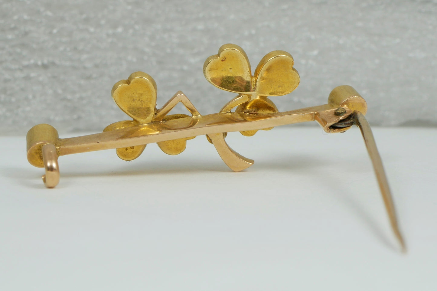 Antique Victorian Boxed 18ct Yellow Gold Turquoise Diamond Pearl Shamrock Brooch