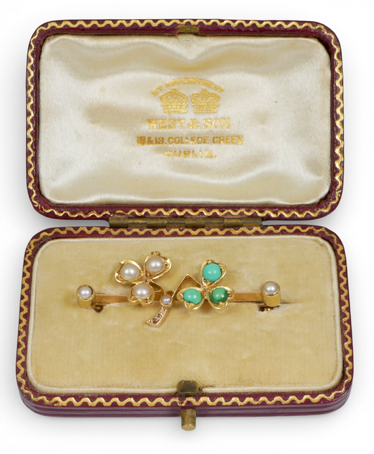 Antique Victorian Boxed 18ct Yellow Gold Turquoise Diamond Pearl Shamrock Brooch