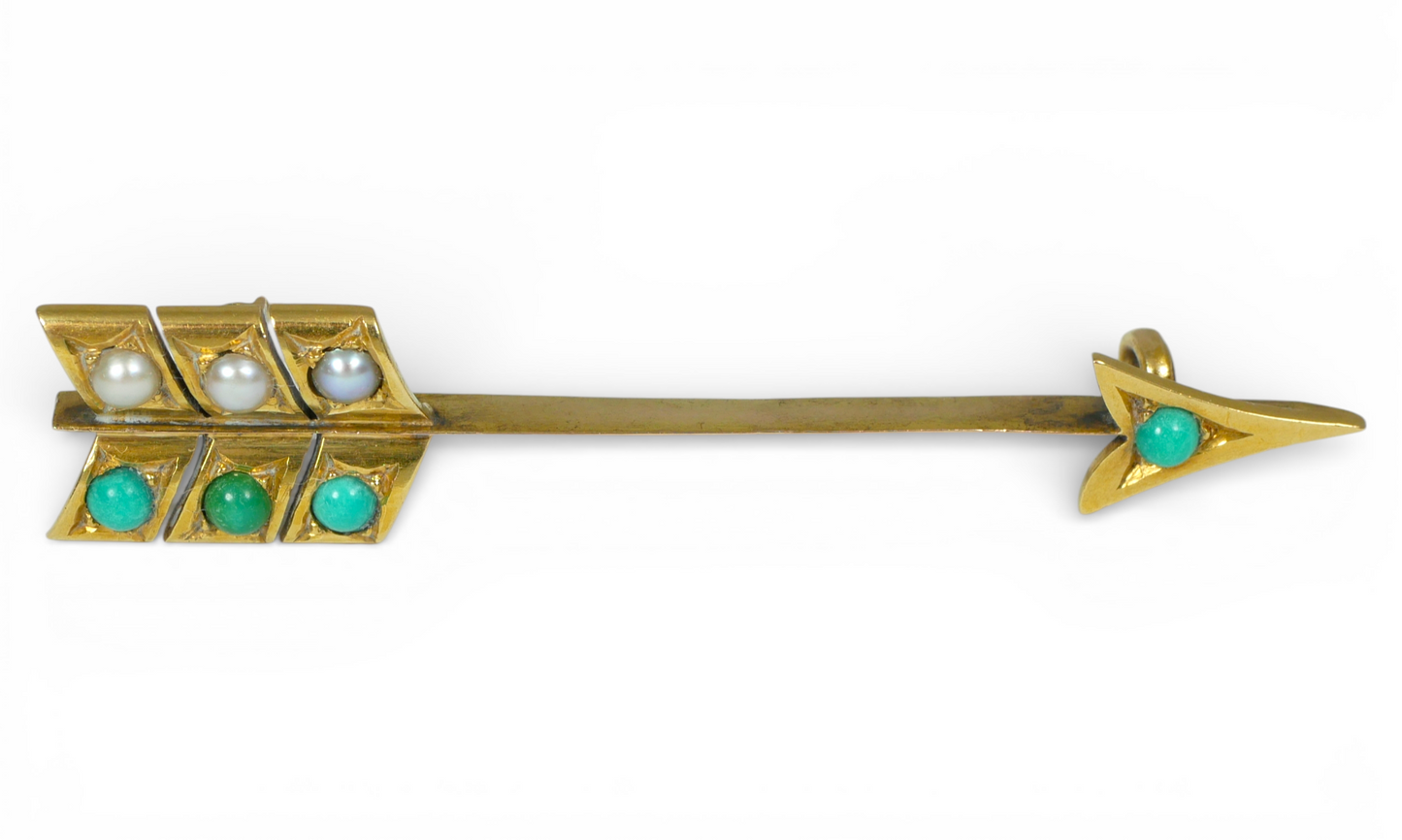 Antique Victorian 18ct Yellow Gold Turquoise & Seed Pearl Arrow Brooch Jabot Pin