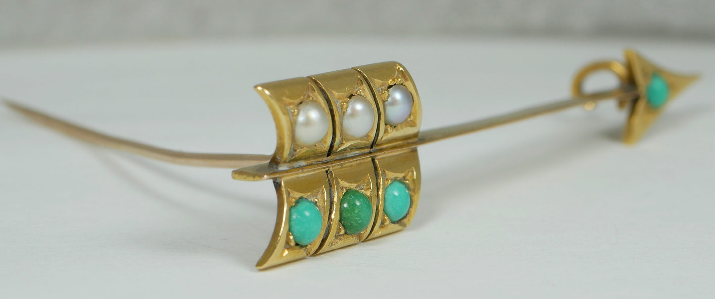 Antique Victorian 18ct Yellow Gold Turquoise & Seed Pearl Arrow Brooch Jabot Pin