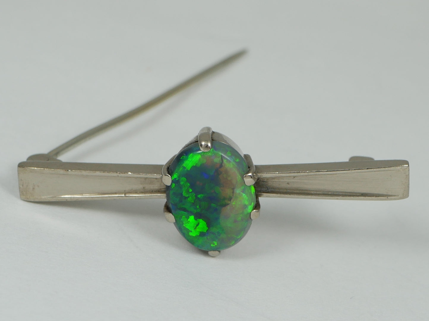 Antique Vintage 18ct White Gold Solid Black Lightning Ridge Opal Bar Brooch Pin