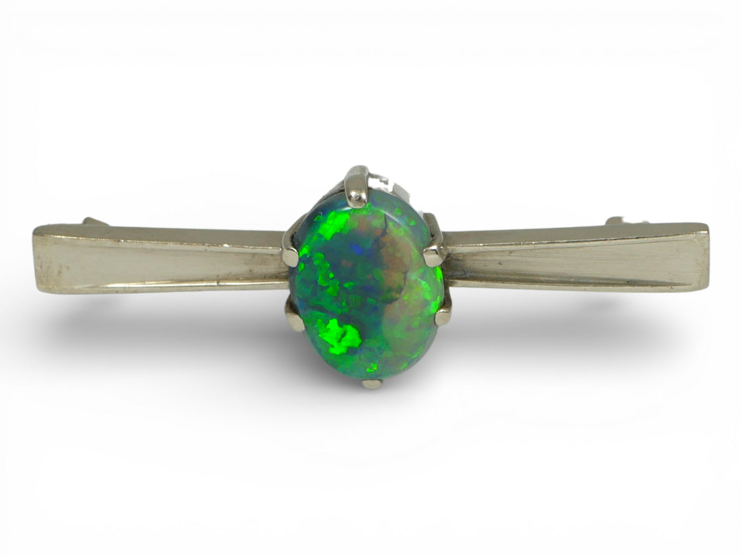 Antique Vintage 18ct White Gold Solid Black Lightning Ridge Opal Bar Brooch Pin
