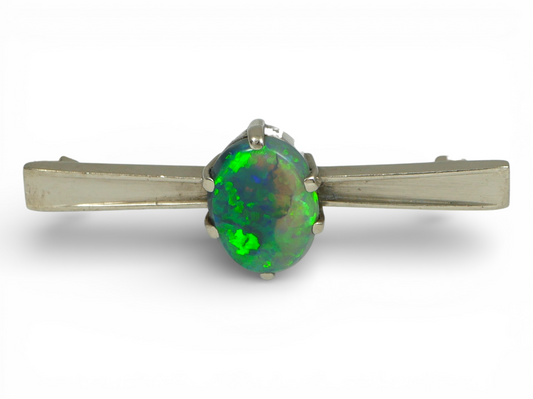 Antique Vintage 18ct White Gold Solid Black Lightning Ridge Opal Bar Brooch Pin