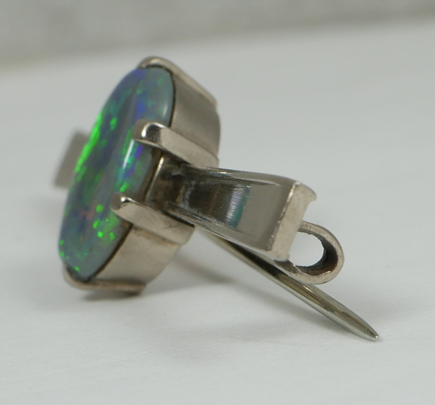 Antique Vintage 18ct White Gold Solid Black Lightning Ridge Opal Bar Brooch Pin