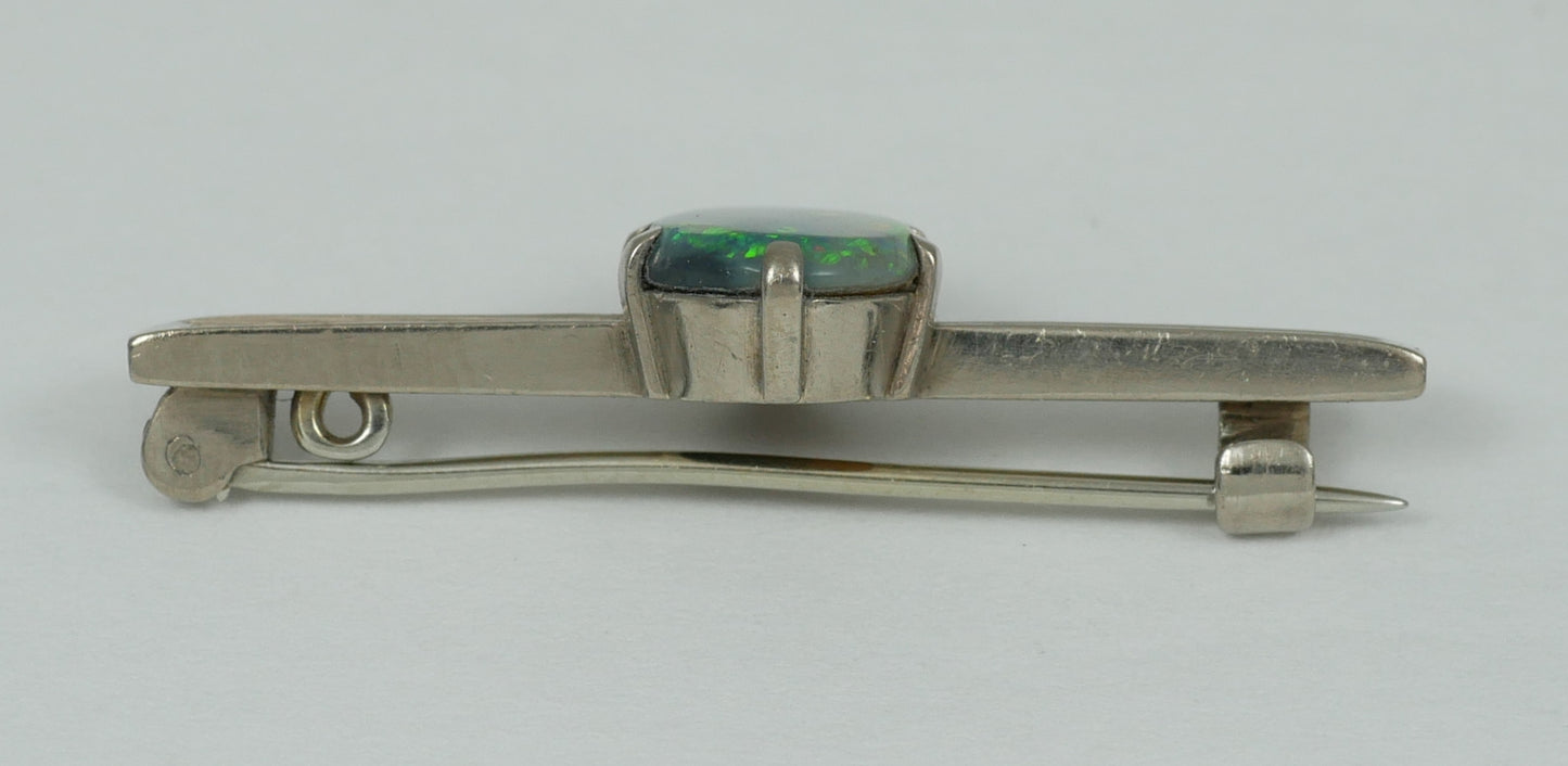 Antique Vintage 18ct White Gold Solid Black Lightning Ridge Opal Bar Brooch Pin
