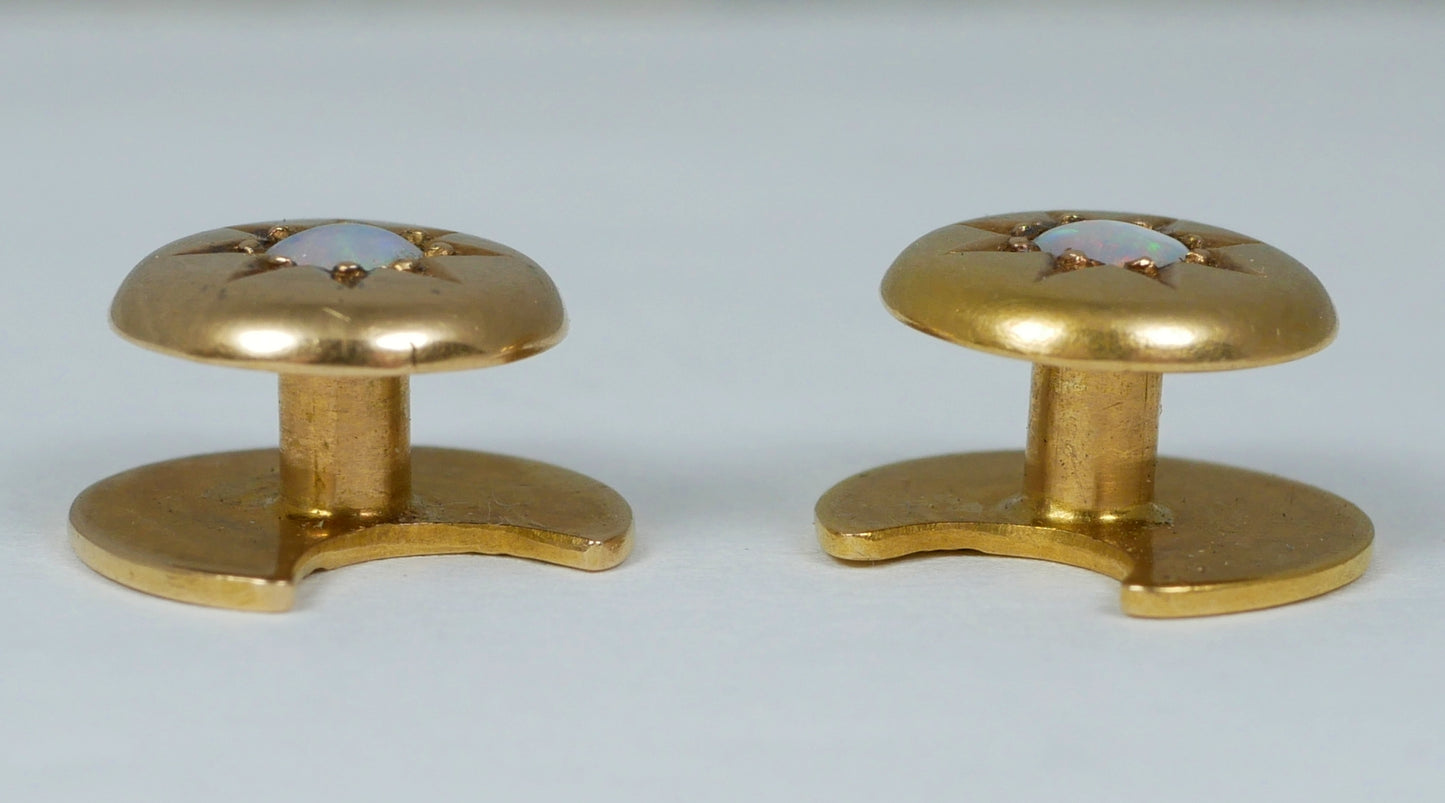Antique Victorian Pair of 18ct Yellow Gold Crystal Opal Collar Shirt Studs Stud