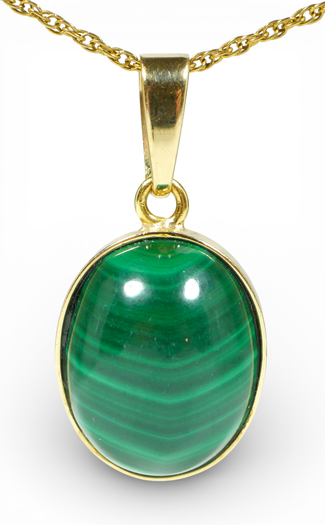 Solid 9ct Yellow Gold 19.32ct Green Malachite Oval Cabochon Necklace Pendant 375