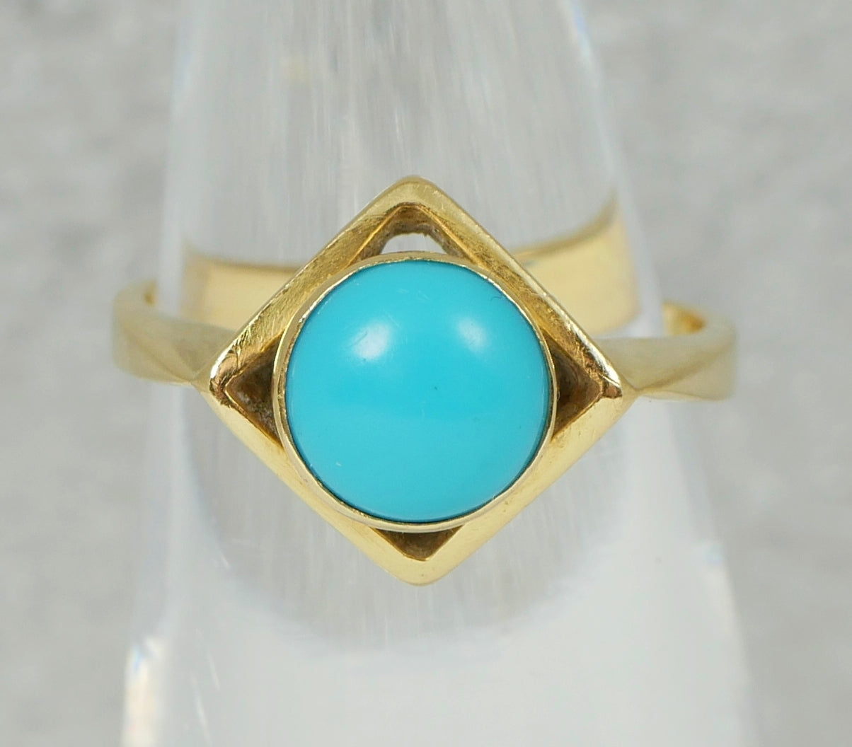 Vintage Solid 18ct Yellow Gold Blue Turquoise Solitaire Dress Ring Size 4 H 47