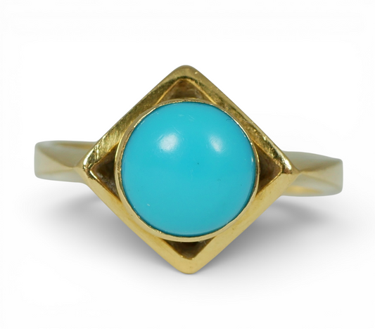 Vintage Solid 18ct Yellow Gold Blue Turquoise Solitaire Dress Ring Size 4 H 47