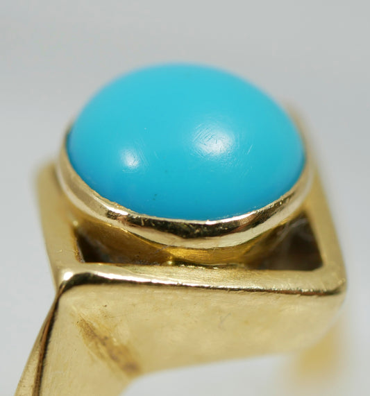 Vintage Solid 18ct Yellow Gold Blue Turquoise Solitaire Dress Ring Size 4 H 47