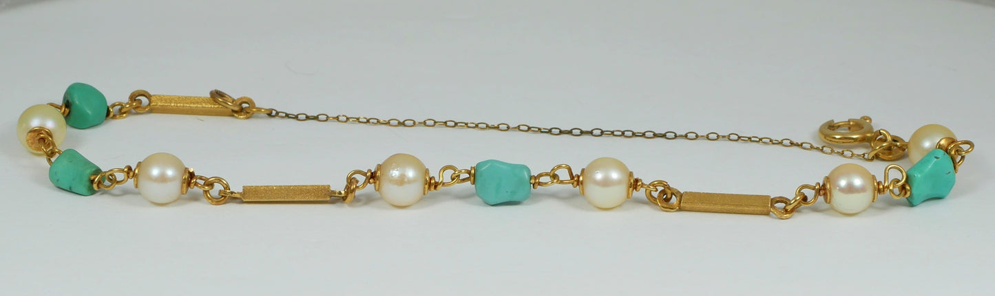 Vintage Italian Solid 18ct Yellow Gold 17.5cm 7.5" Turquoise & Pearl Bracelet