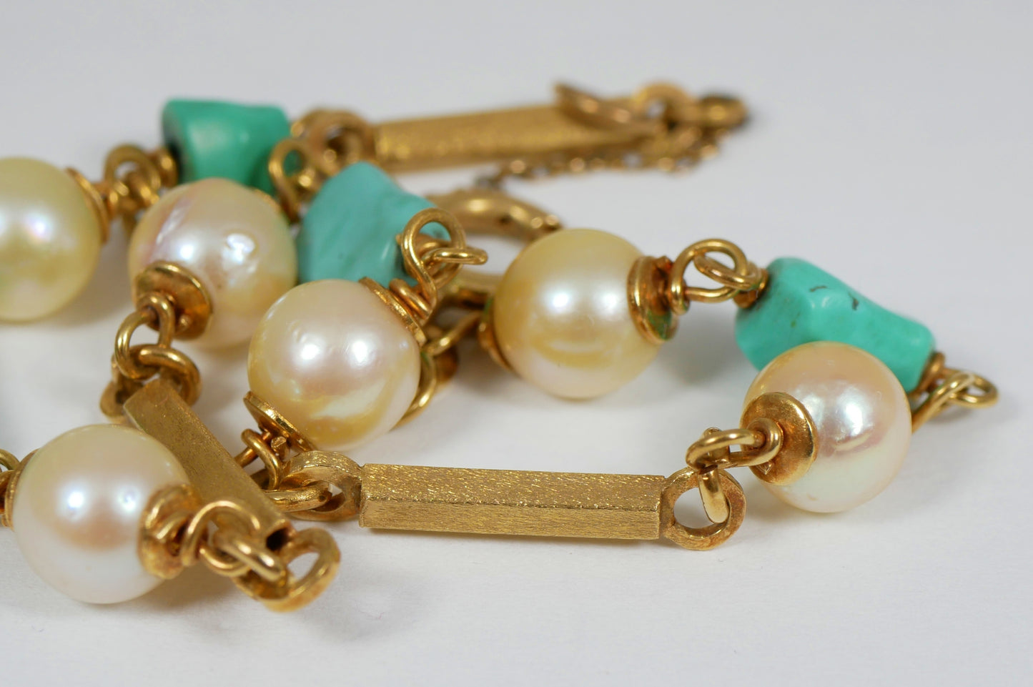 Vintage Italian Solid 18ct Yellow Gold 17.5cm 7.5" Turquoise & Pearl Bracelet