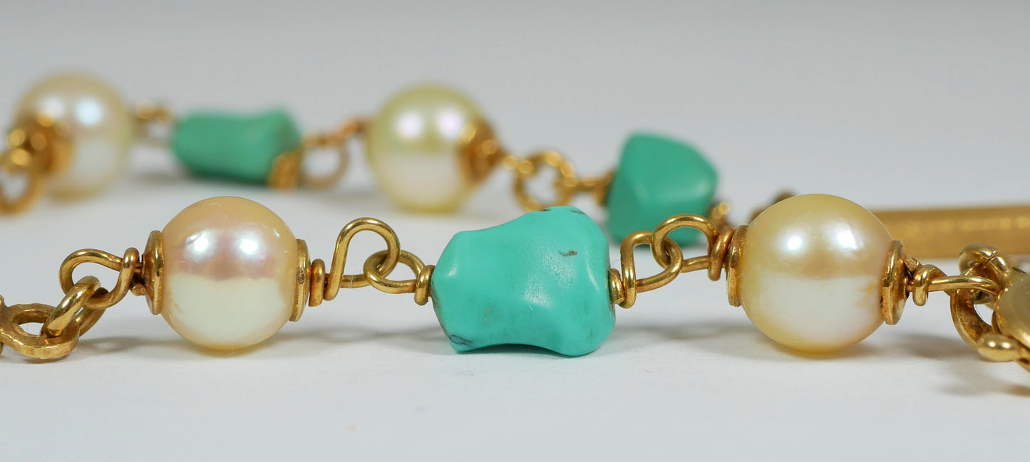 Vintage Italian Solid 18ct Yellow Gold 17.5cm 7.5" Turquoise & Pearl Bracelet