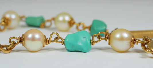 Vintage Italian Solid 18ct Yellow Gold 17.5cm 7.5" Turquoise & Pearl Bracelet