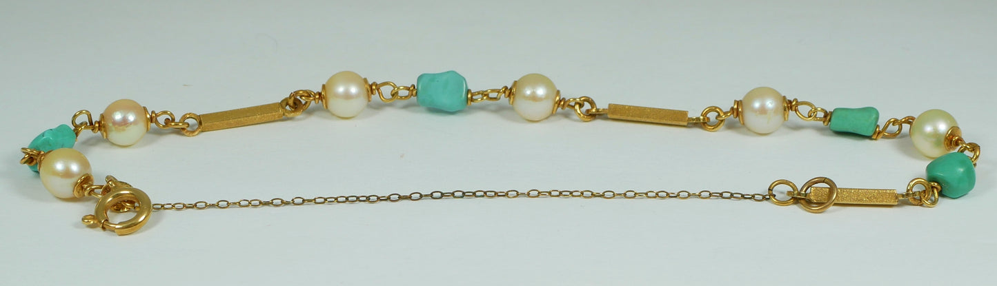 Vintage Italian Solid 18ct Yellow Gold 17.5cm 7.5" Turquoise & Pearl Bracelet