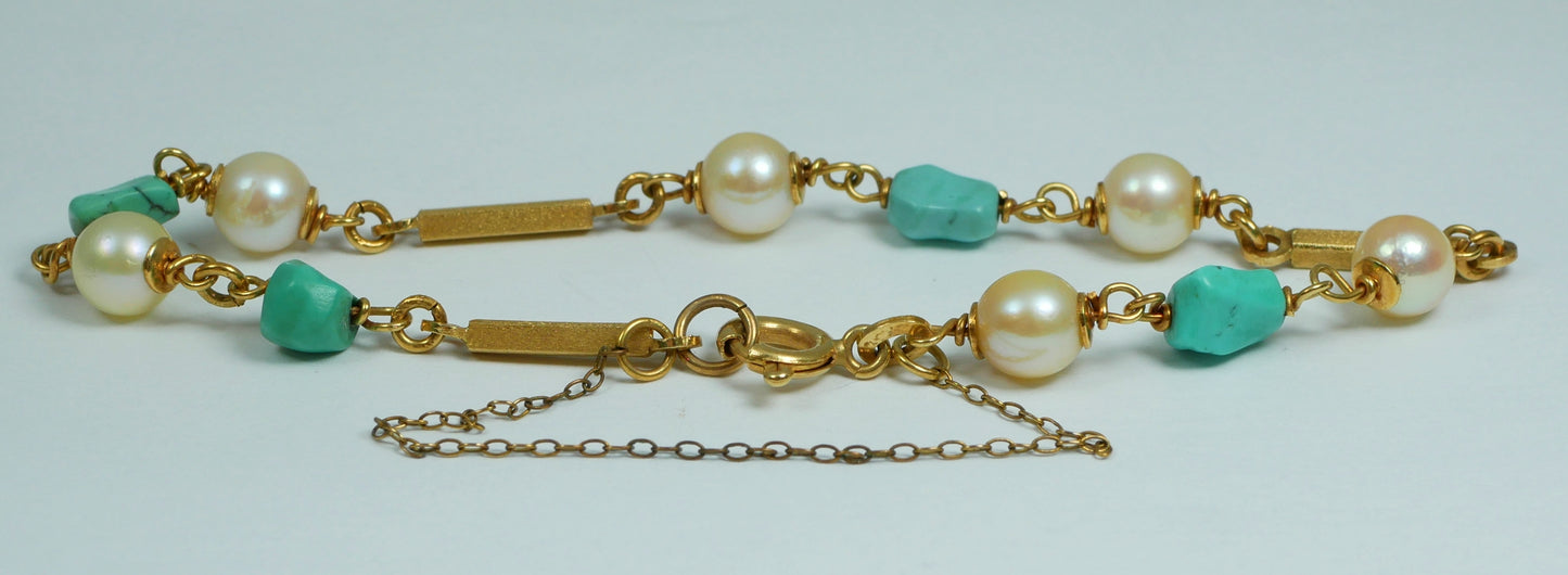 Vintage Italian Solid 18ct Yellow Gold 17.5cm 7.5" Turquoise & Pearl Bracelet