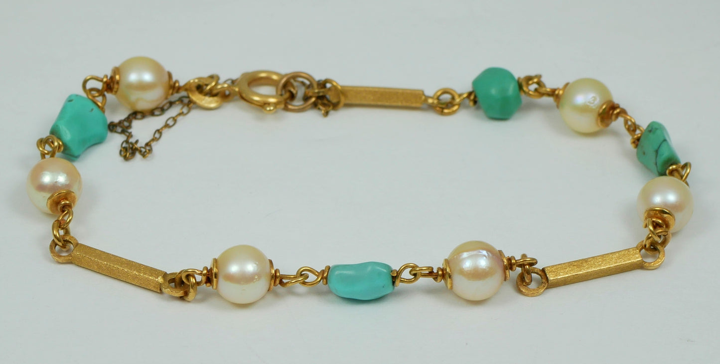 Vintage Italian Solid 18ct Yellow Gold 17.5cm 7.5" Turquoise & Pearl Bracelet