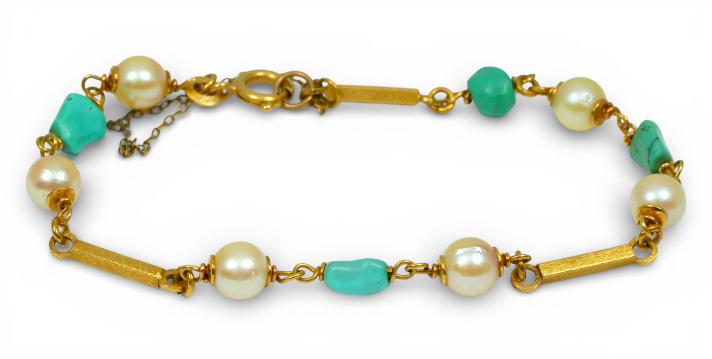 Vintage Italian Solid 18ct Yellow Gold 17.5cm 7.5" Turquoise & Pearl Bracelet