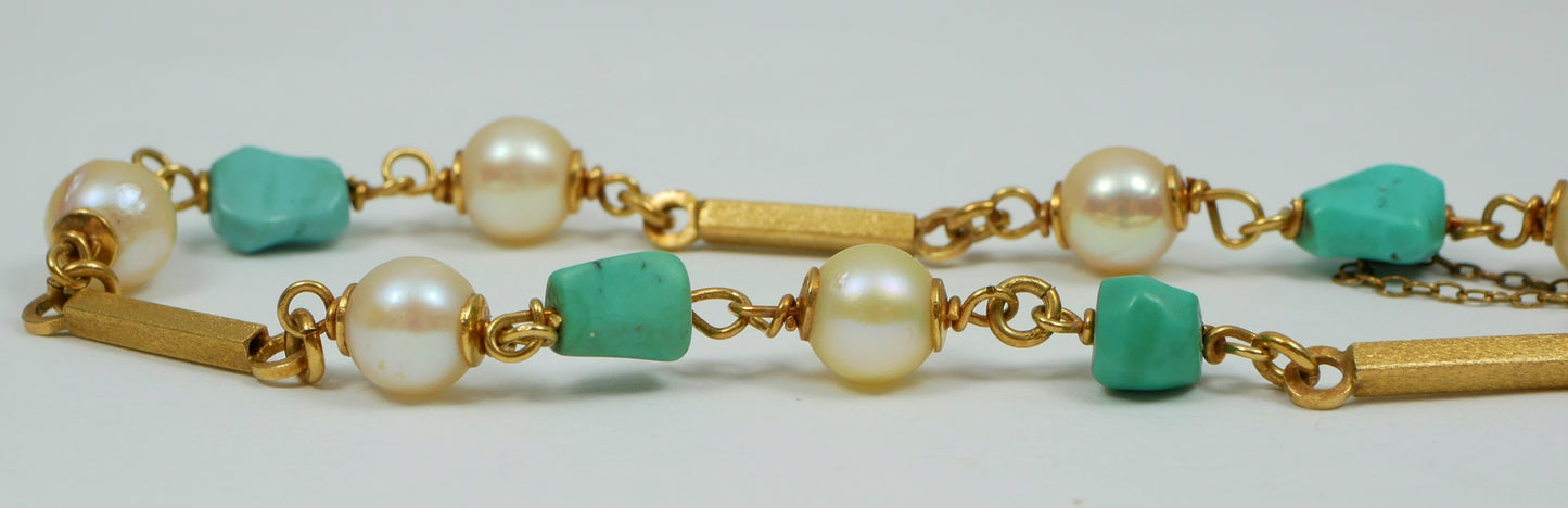 Vintage Italian Solid 18ct Yellow Gold 17.5cm 7.5" Turquoise & Pearl Bracelet