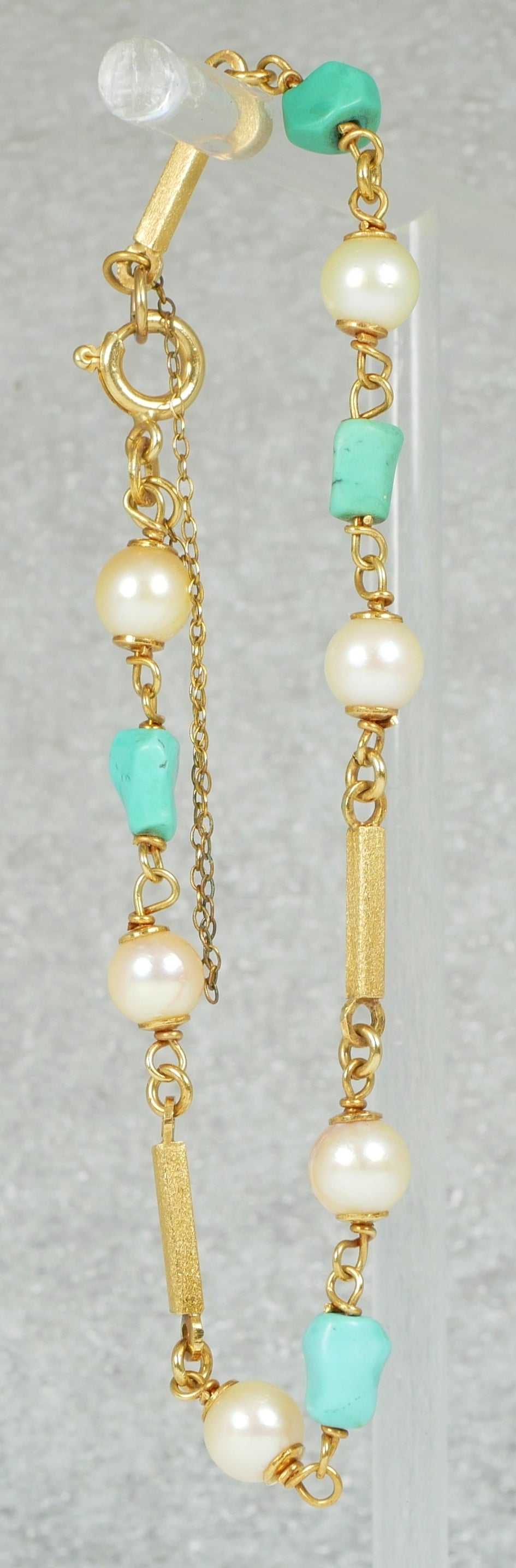 Vintage Italian Solid 18ct Yellow Gold 17.5cm 7.5" Turquoise & Pearl Bracelet