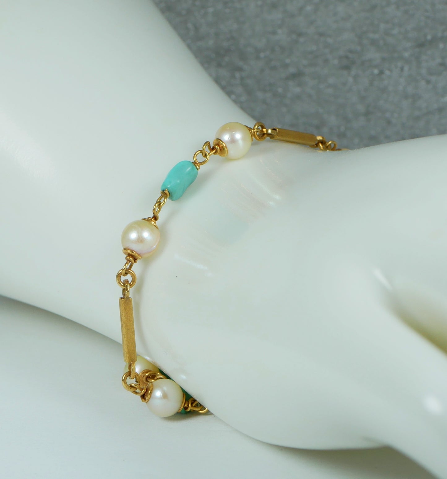 Vintage Italian Solid 18ct Yellow Gold 17.5cm 7.5" Turquoise & Pearl Bracelet