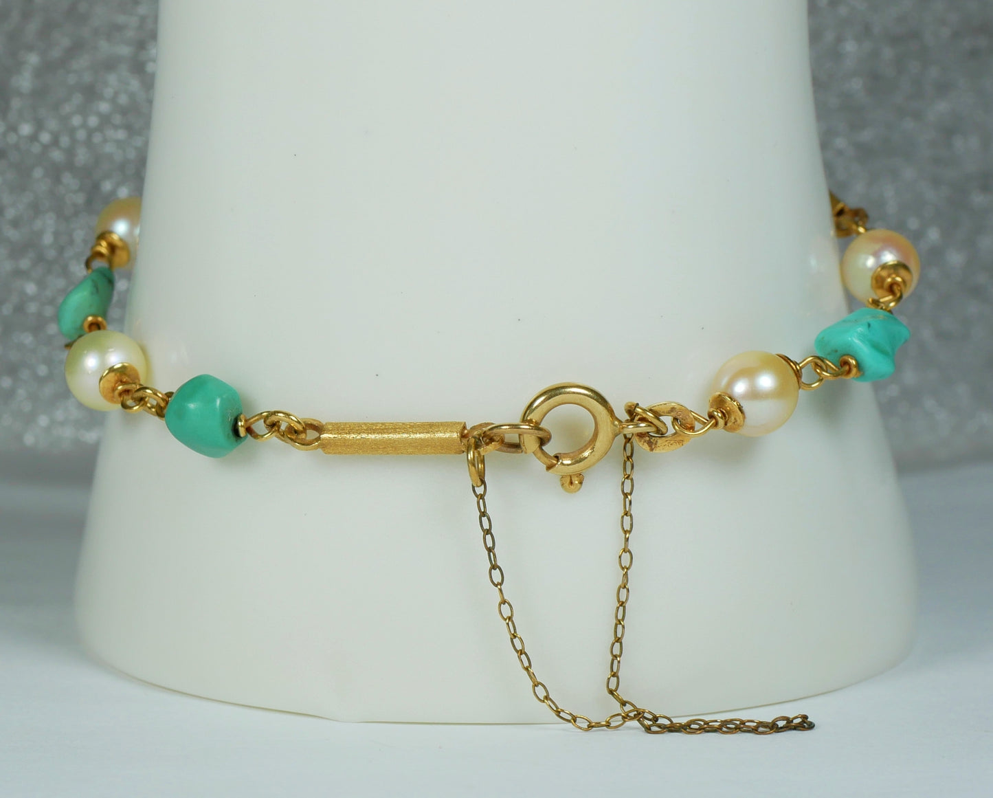 Vintage Italian Solid 18ct Yellow Gold 17.5cm 7.5" Turquoise & Pearl Bracelet