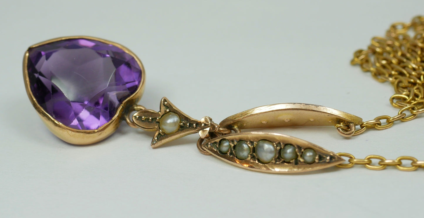 Antique Edwardian 15ct Yellow Gold 44cm 17.5" Amethyst Seed Pearl Necklace Chain