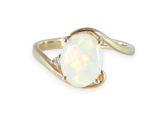 Solid 14ct Yellow Gold Solid White Fire Opal & Diamond Dress Ring Size 7 N 54