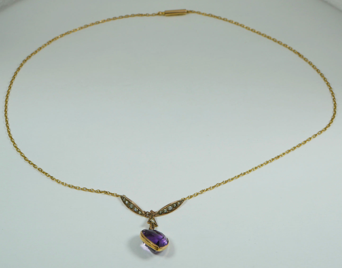 Antique Edwardian 15ct Yellow Gold 44cm 17.5" Amethyst Seed Pearl Necklace Chain