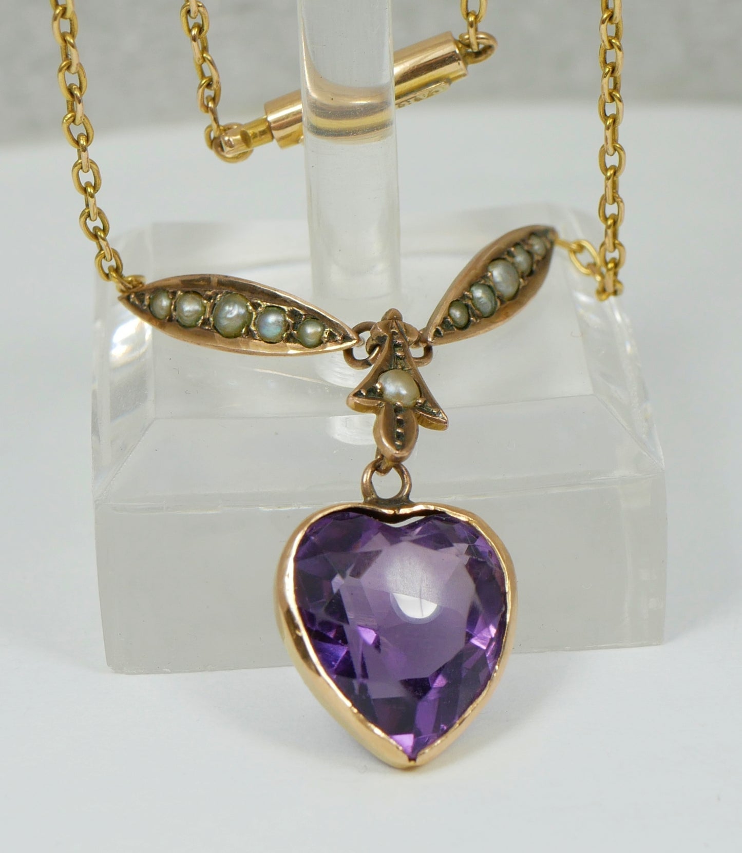 Antique Edwardian 15ct Yellow Gold 44cm 17.5" Amethyst Seed Pearl Necklace Chain
