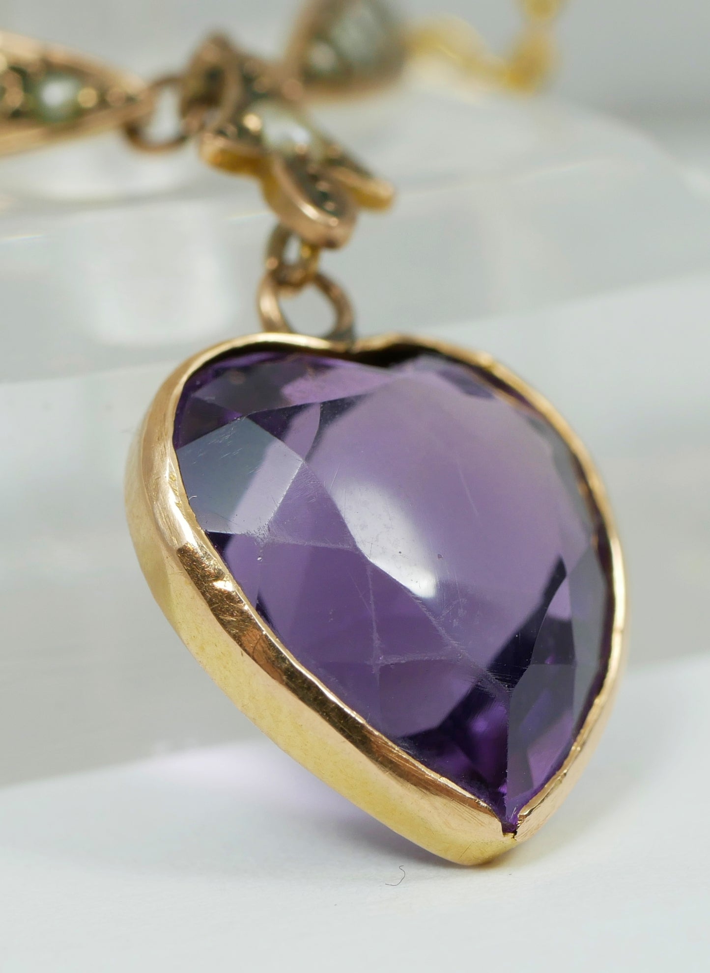 Antique Edwardian 15ct Yellow Gold 44cm 17.5" Amethyst Seed Pearl Necklace Chain