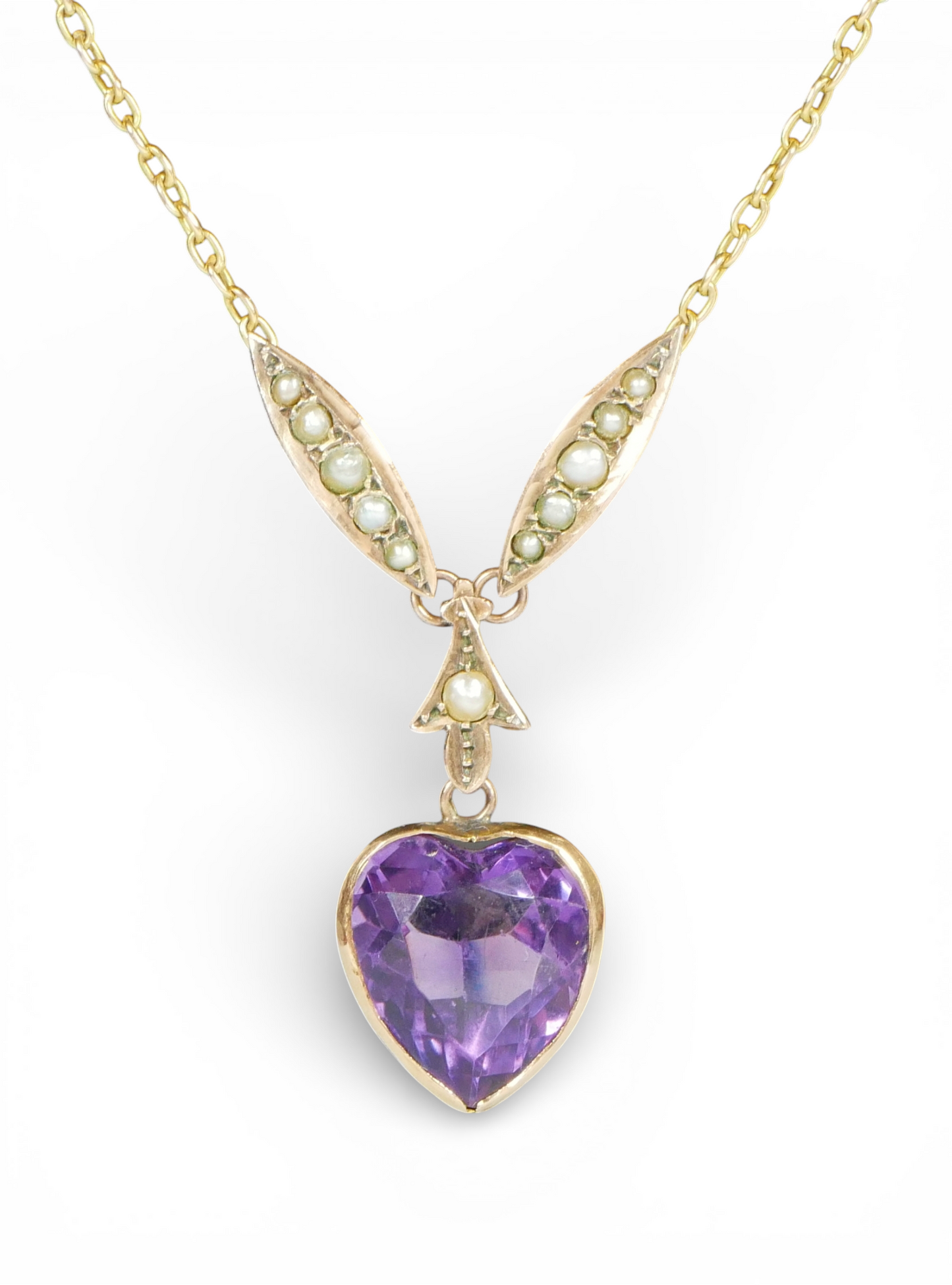 Antique Edwardian 15ct Yellow Gold 44cm 17.5" Amethyst Seed Pearl Necklace Chain