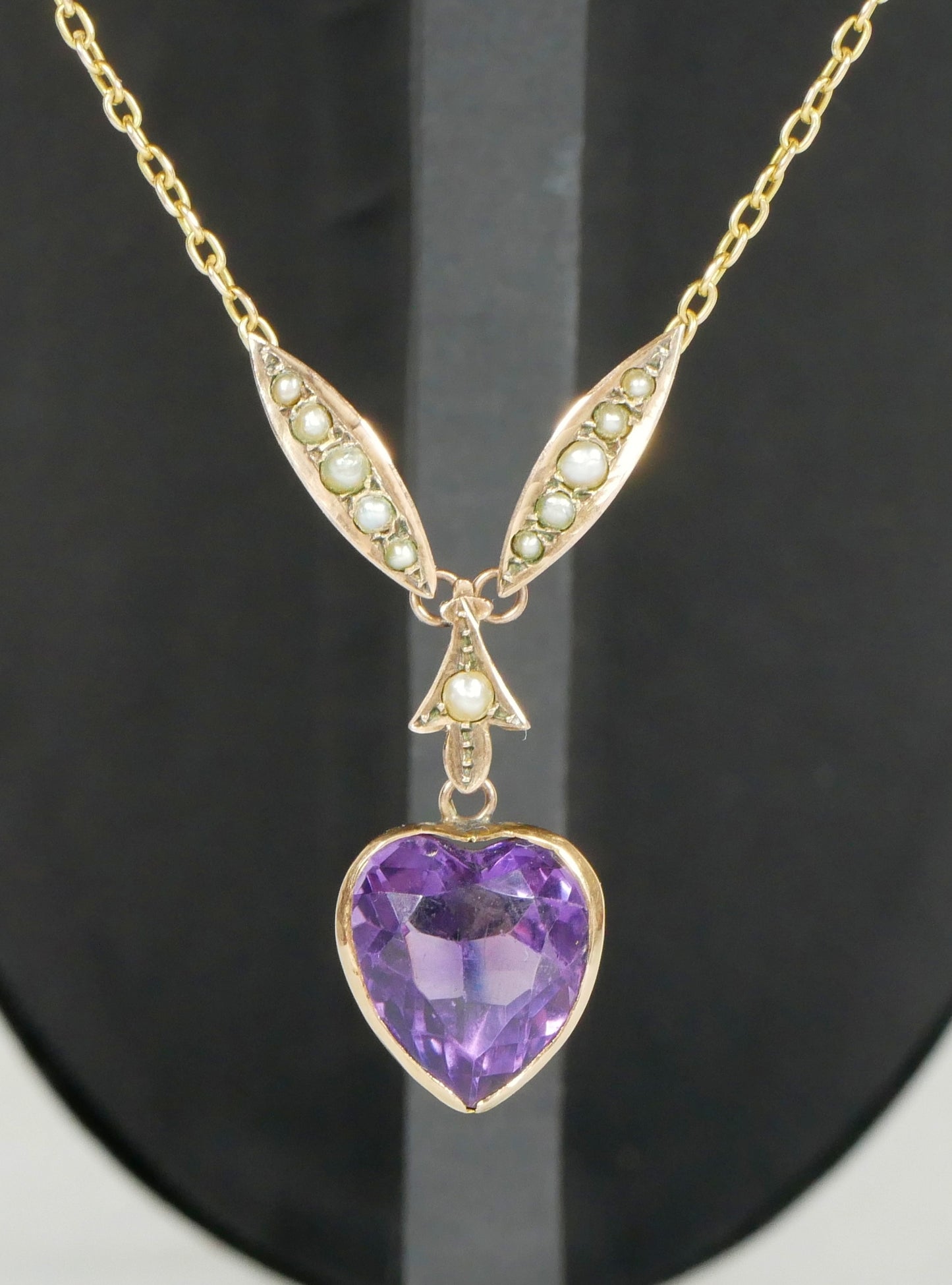 Antique Edwardian 15ct Yellow Gold 44cm 17.5" Amethyst Seed Pearl Necklace Chain