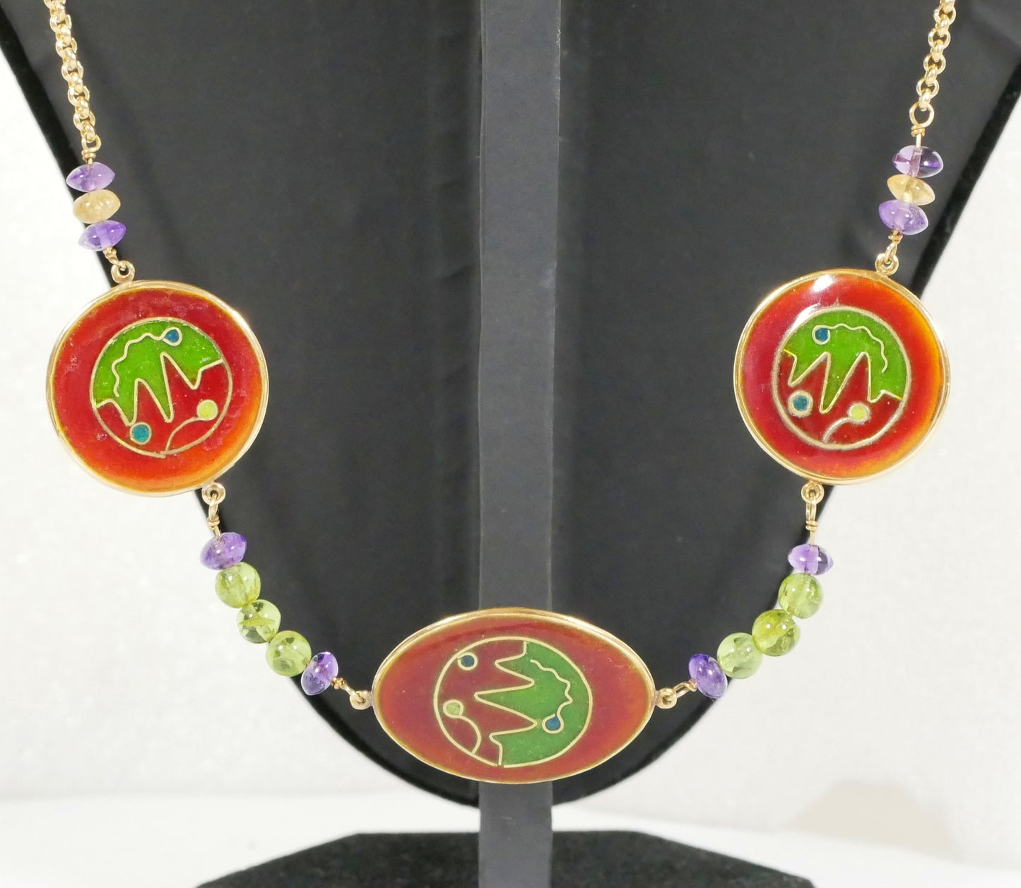 Solid 18ct Yellow Gold 51cm 20" Cloisonne Panel Amethyst Peridot Necklace Chain