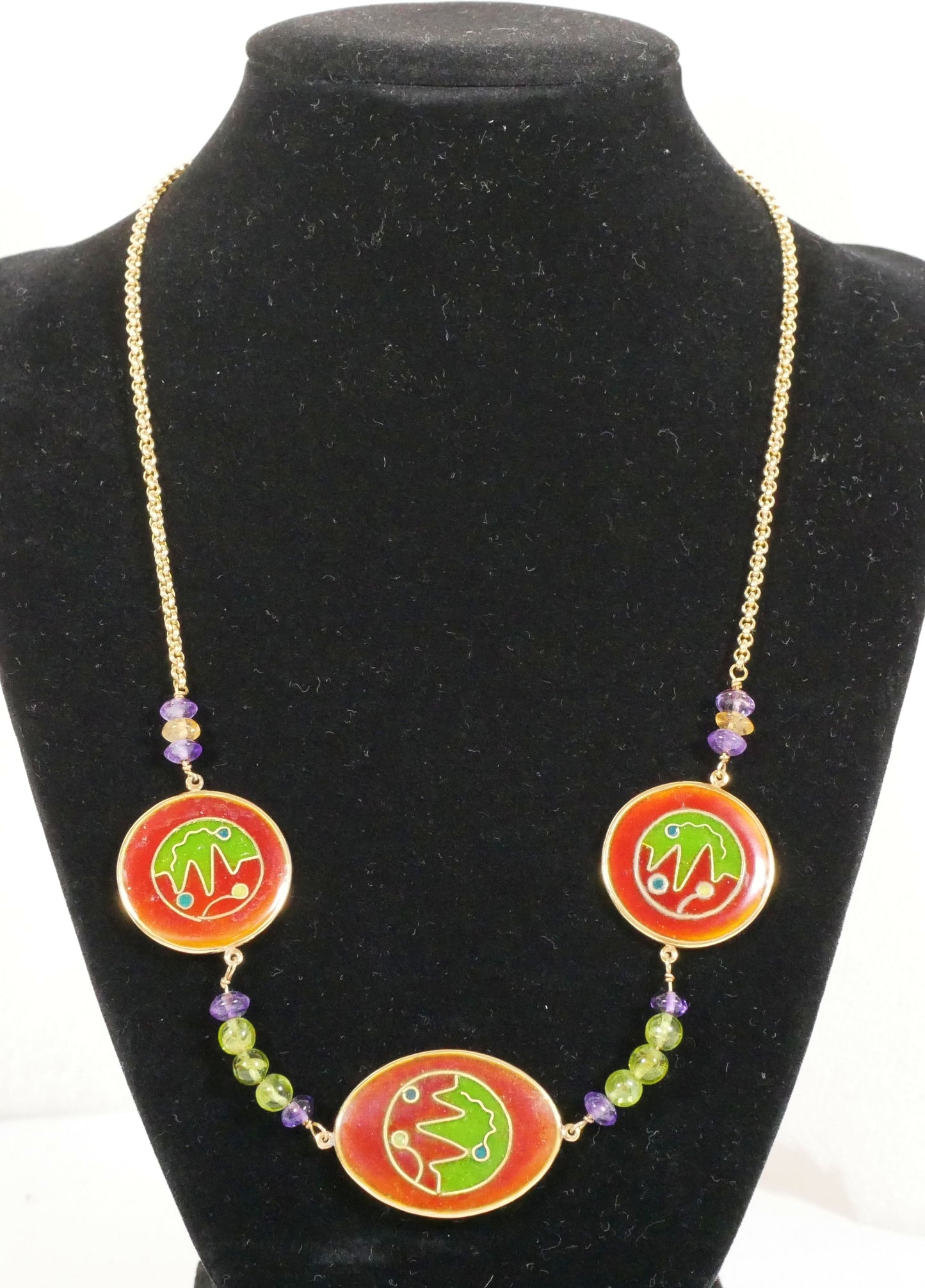 Solid 18ct Yellow Gold 51cm 20" Cloisonne Panel Amethyst Peridot Necklace Chain