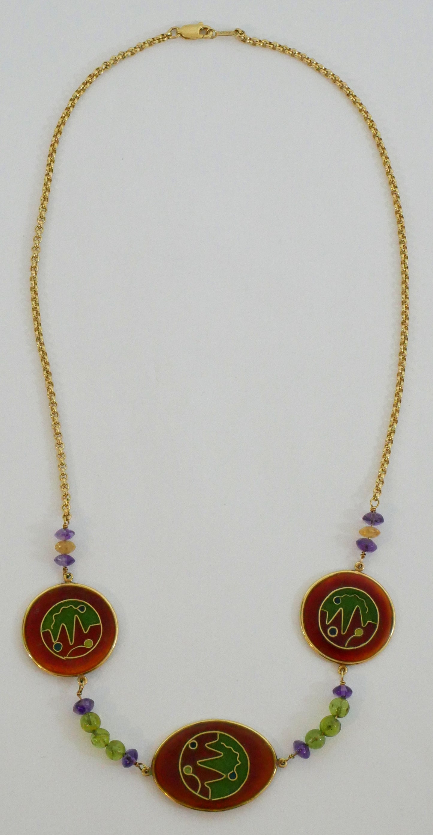 Solid 18ct Yellow Gold 51cm 20" Cloisonne Panel Amethyst Peridot Necklace Chain