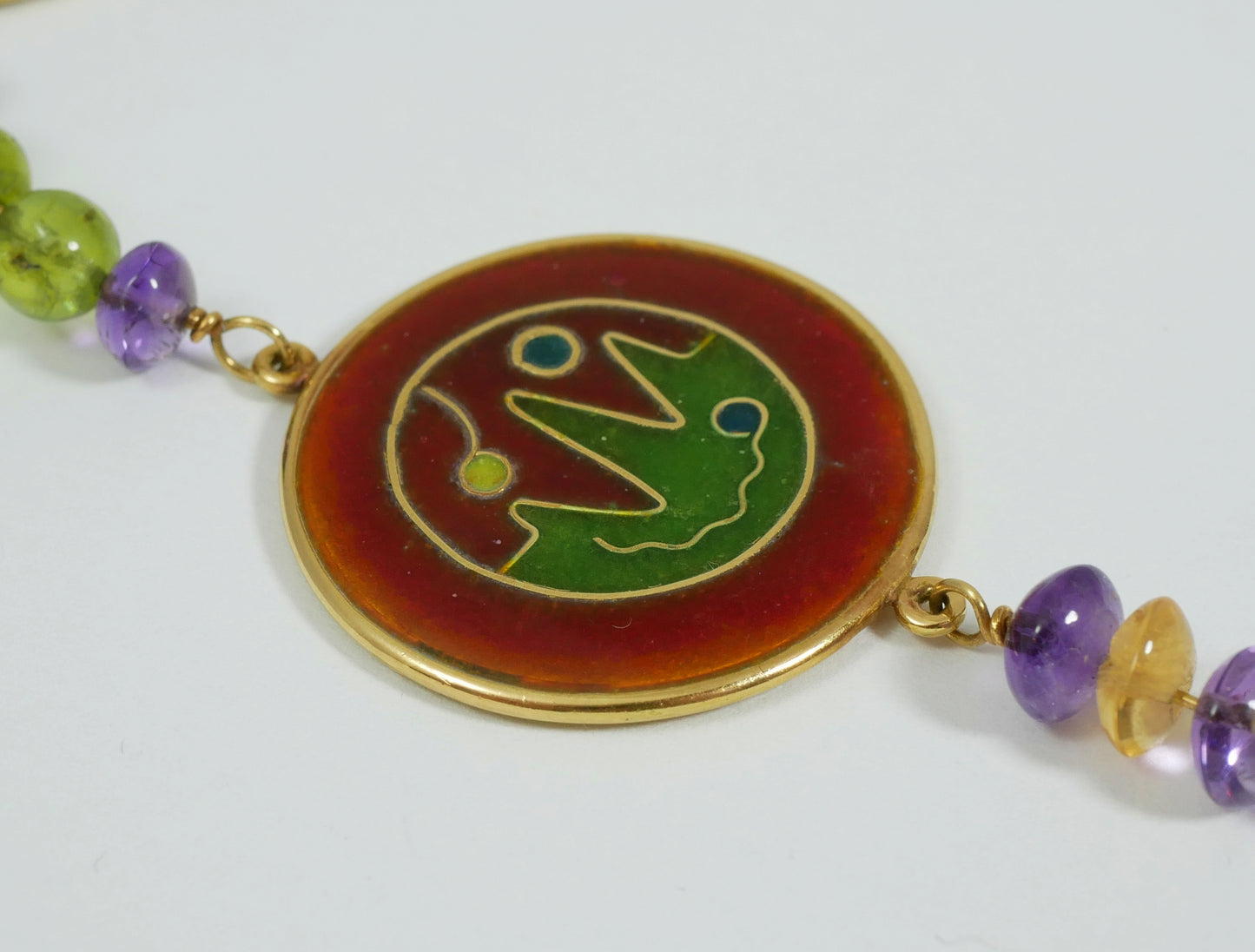 Solid 18ct Yellow Gold 51cm 20" Cloisonne Panel Amethyst Peridot Necklace Chain