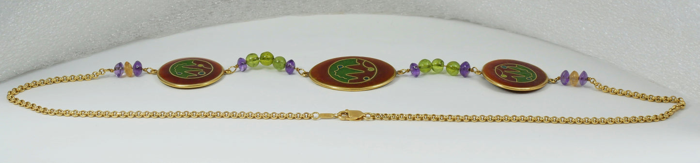 Solid 18ct Yellow Gold 51cm 20" Cloisonne Panel Amethyst Peridot Necklace Chain