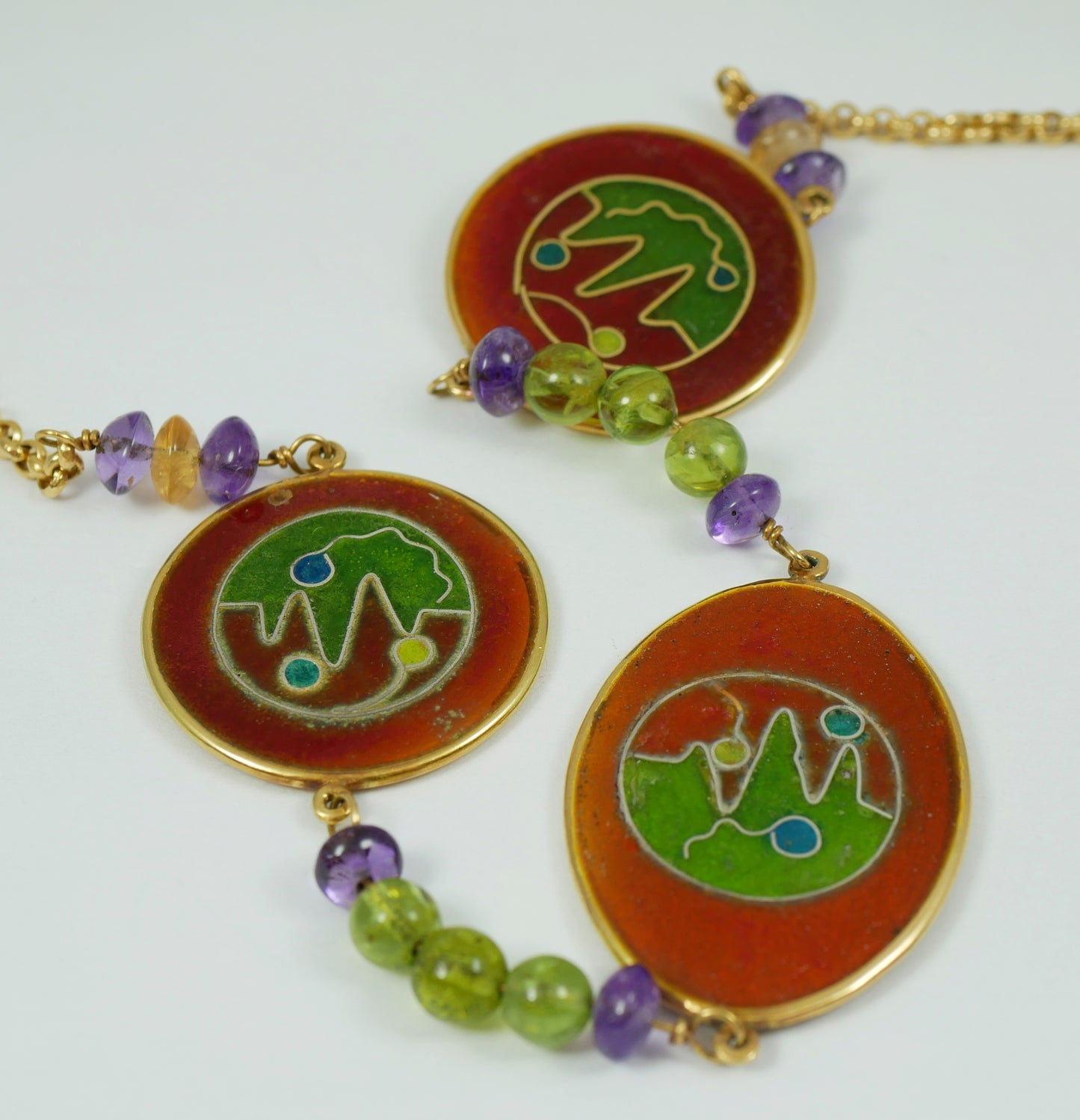 Solid 18ct Yellow Gold 51cm 20" Cloisonne Panel Amethyst Peridot Necklace Chain