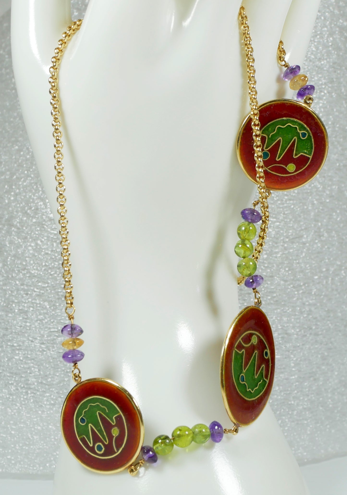 Solid 18ct Yellow Gold 51cm 20" Cloisonne Panel Amethyst Peridot Necklace Chain