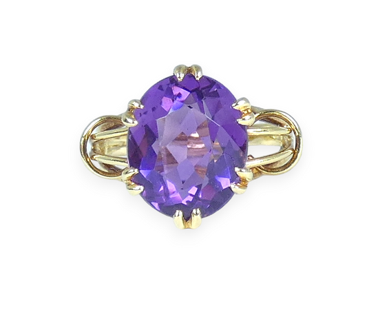 Solid 18ct Yellow Gold Purple Amethyst Solitaire Cocktail Dress Ring Size 6 L 51