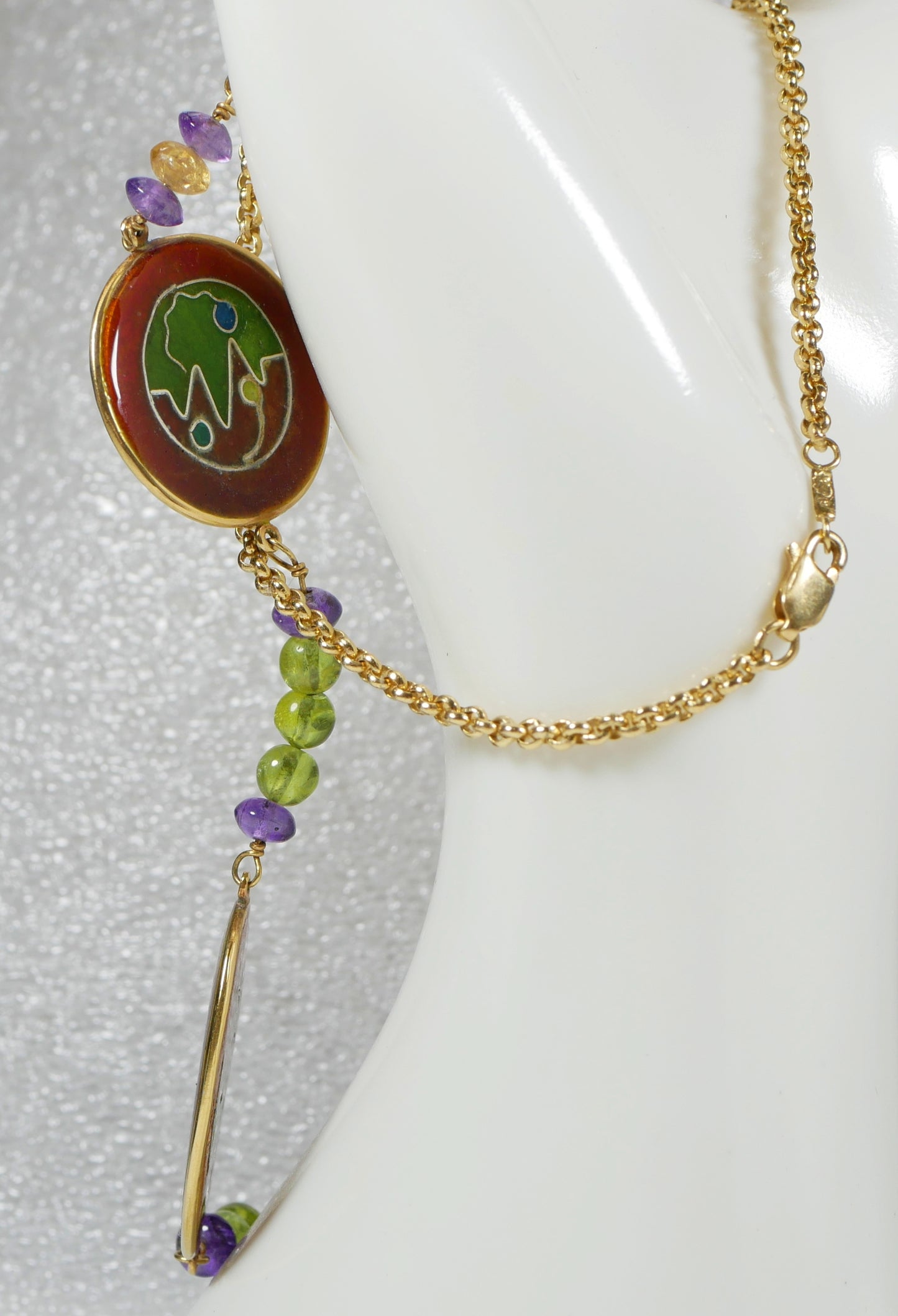 Solid 18ct Yellow Gold 51cm 20" Cloisonne Panel Amethyst Peridot Necklace Chain