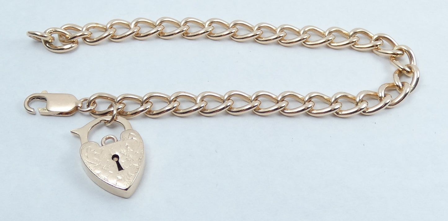 Vintage Heavy 9ct Yellow Gold 21cm 8" 6mm Link Charm Bracelet Chain Padlock 21gm